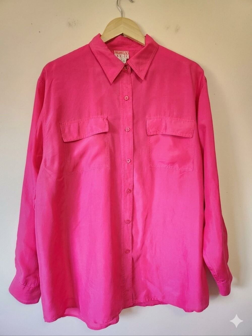 Vintage 80s 90s HER Hot Pink 100% Silk Button Down Blouse Shirt Long Slve L Pink